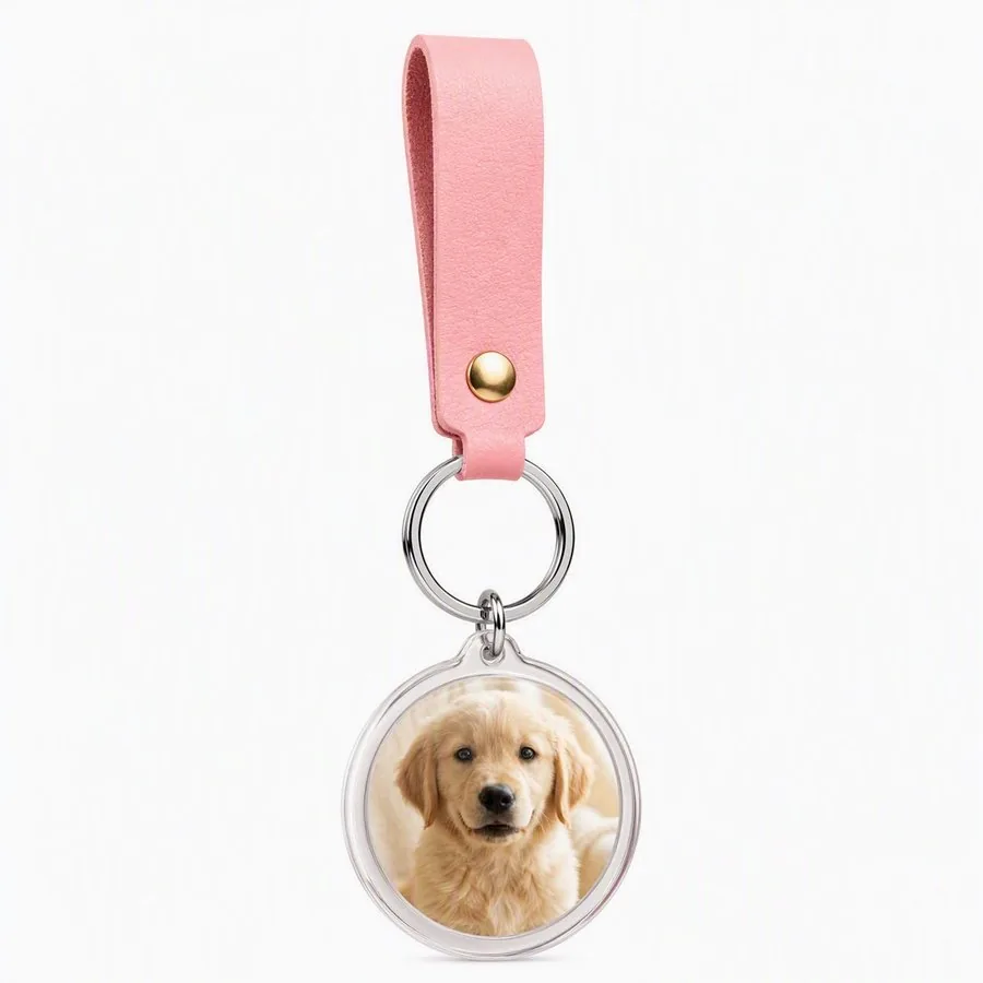 Puppy photo keychain, pink strap