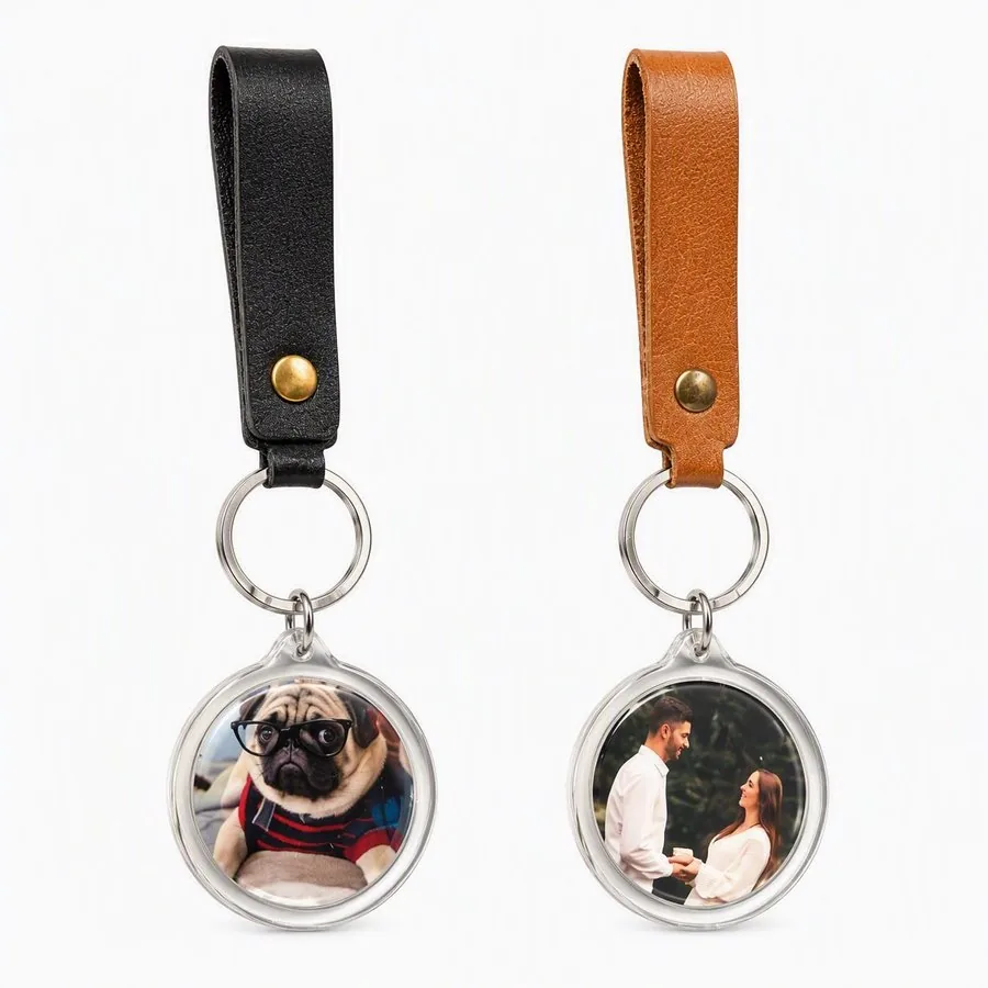 Pug and couple photo keychains, black and tan straps