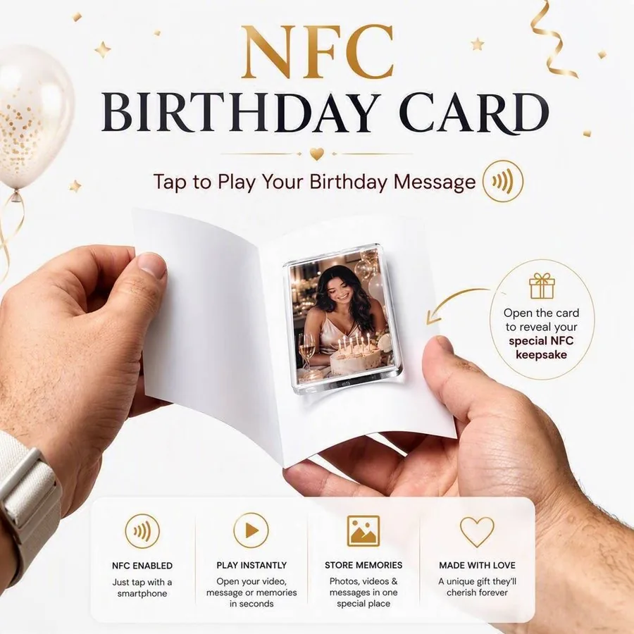 Personalised NFC Memory Keepsake Card โ the full concept: open the card, tap the photo magnet, reveal the memory