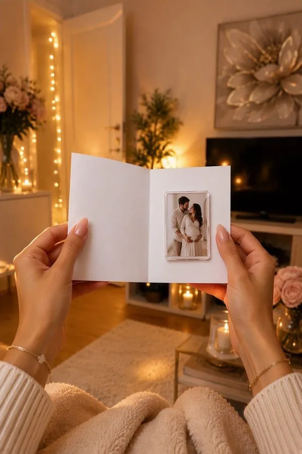 The card opened, showing the custom photo magnet inside